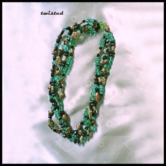Vintage Emerald Green Glass & Copper Multi Strand Bead Necklace, OOAK - Picture 7 of 10